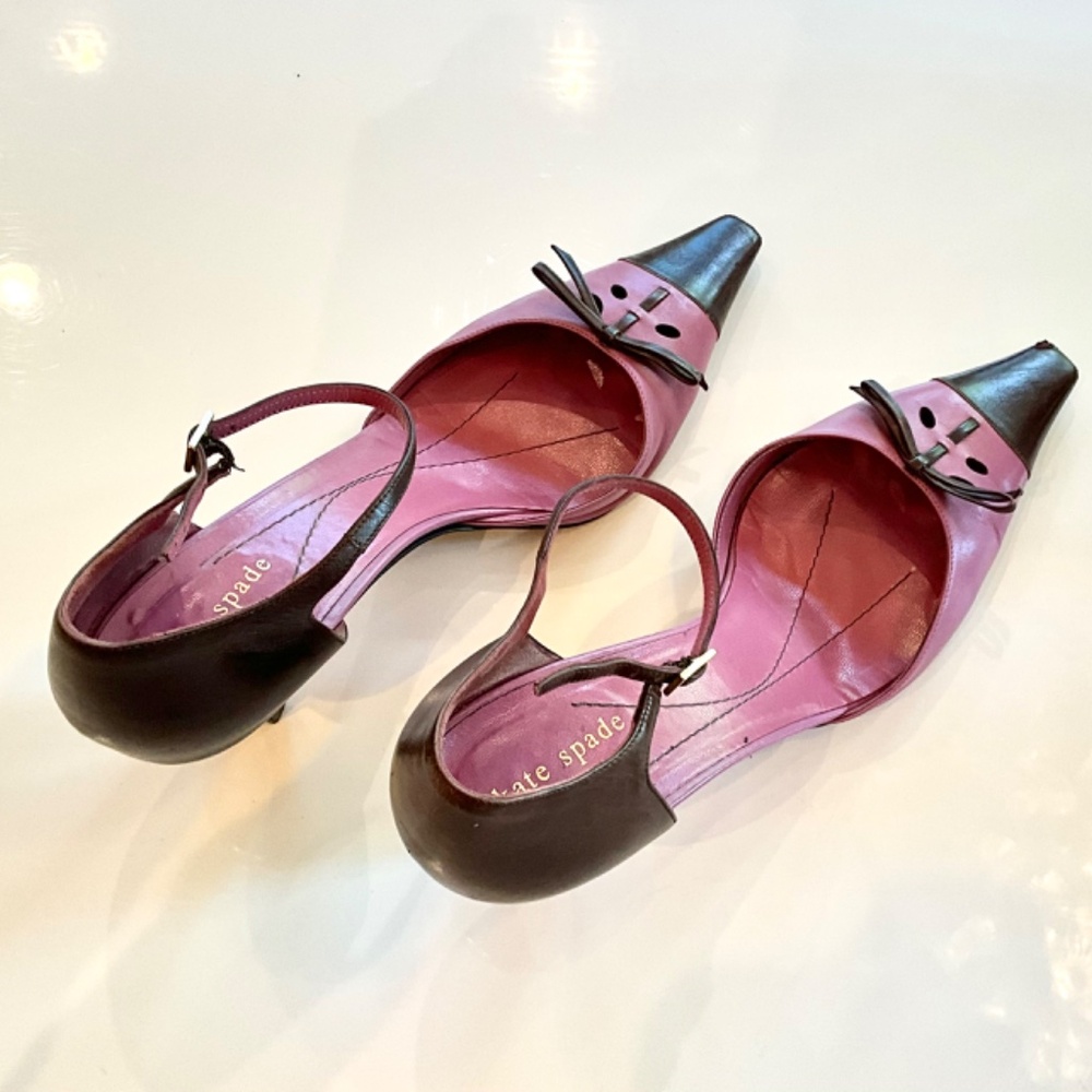 Kate Spade Purple and Brown Leather Ankle Strap Heel with Decorative Bow - Picture 2 of 3